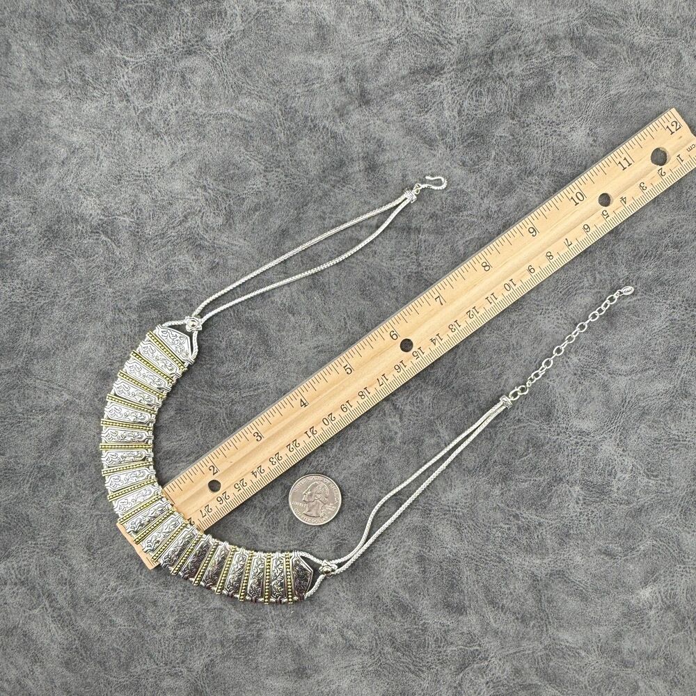 Vintage Monet Silver-Gold-Tone Etruscan Style Bib Collar Necklace Boho Tribal - Picture 8 of 14